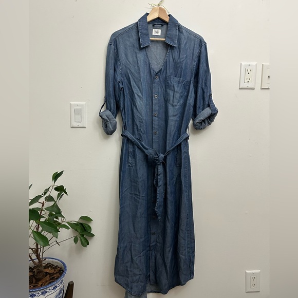Denim Button-Front Long Shirt Dress in Blue - Picture 2 of 9